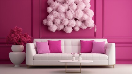 A stylish interior design featuring a plush white sofa against a textured fuchsia 3D wall, creating a visually appealing composition.