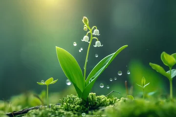 Foto auf Glas A lily of the valley flower sprouting from moss in macro photography with a blurry background © Jirut