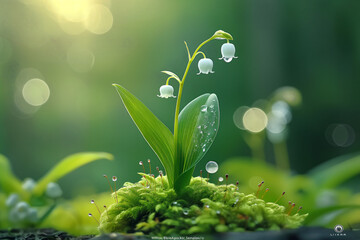 A lily of the valley flower sprouting from moss in macro photography with a blurry background