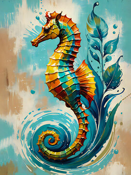 Yellow and teal Sea horse Abstract animals painting, rustic brush strokes vintage retro, wild life illustration, marine animal, leaves