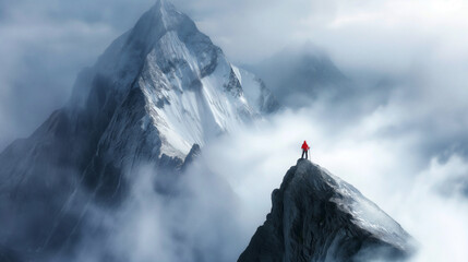 High mountain peak piercing through clouds, climber in red reaching the summit, panoramic view of surrounding peaks - obrazy, fototapety, plakaty