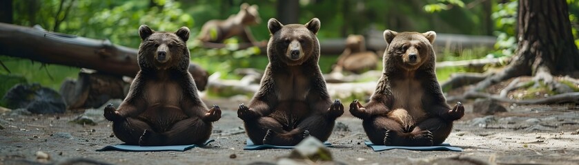 Grizzly Bears Practicing Yoga in Serene Woodland Clearing Showcasing Strength Peace and Natural Harmony - obrazy, fototapety, plakaty
