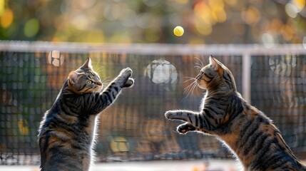 Feline Tennis Match Cats Showcasing Agility and Precision in Playful Competition Amidst Sunny Nature - obrazy, fototapety, plakaty