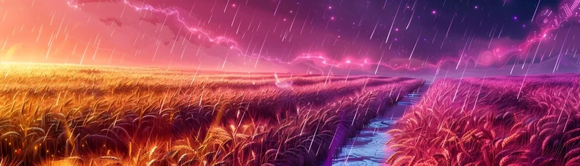 Selbstklebende Fototapeten Glowing Cybernetic Barley Field with Chocolate Rain and Streaming Water Under Neon Sky © Sakeena