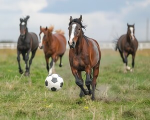 Energetic Herd of Horses Playfully Engaged in a Spirited Soccer Match in an Open Grassy Field