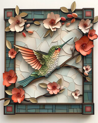 a flying emerald tone humming bird smelling a Cherryblossom, 3 colors, made of layered wood