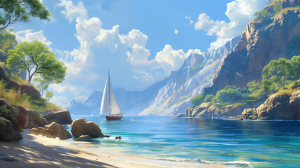 An illustration of a hidden secluded cove with a lone sailboat - obrazy, fototapety, plakaty