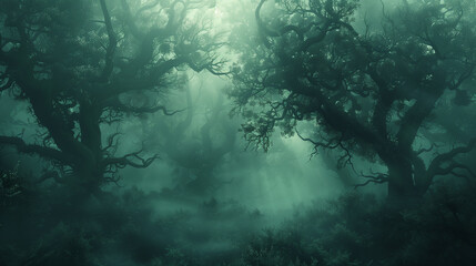 dreamy forest shrouded in mist - 784256367