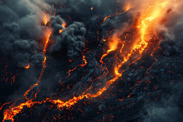 Aerial view of lava flowing natural wallpaper background