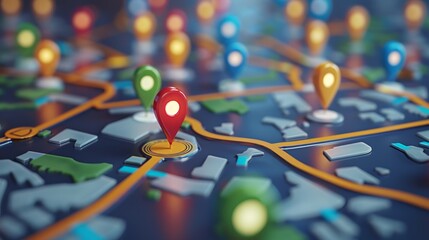 Business Location: A 3D vector illustration of a map with dynamic pins