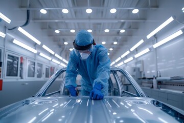 A professional automotive worker in full protective gear applies paint to the hood of a car in a modern auto repair shop.