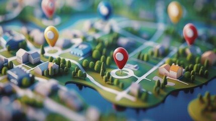 Community Mapping: A 3D vector illustration of a map with pins marking sites of community health clinics