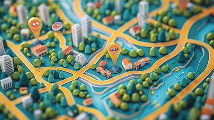 Community Mapping: A 3D vector illustration of a map with pins indicating public art installations