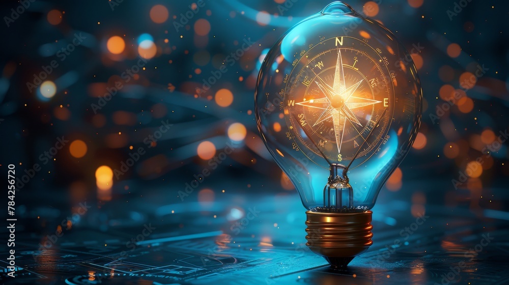 Wall mural creativity and design: a 3d vector illustration of a lightbulb with a compass and blueprint inside