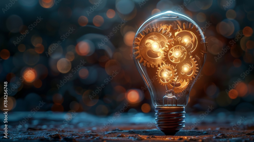 Wall mural Creativity and Design: A 3D vector illustration of a lightbulb with gears and cogs inside