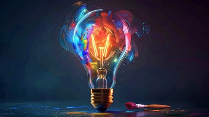 Creativity and Design: A 3D vector illustration of a lightbulb with a paintbrush inside