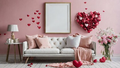 Love Nest: Framing Romance with a Valentine's Day Mockup Featuring a White Sofa Against a Pink Wall"