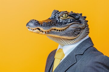 An alligator in a business suit with a tie, looking professional, against a yellow background. - obrazy, fototapety, plakaty