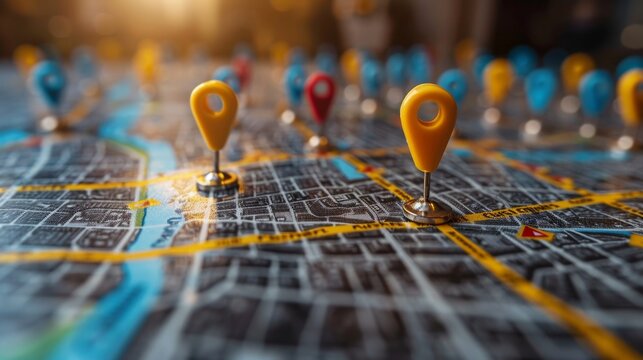 Customer Mapping: A 3D vector illustration of a map with pins representing customer locations