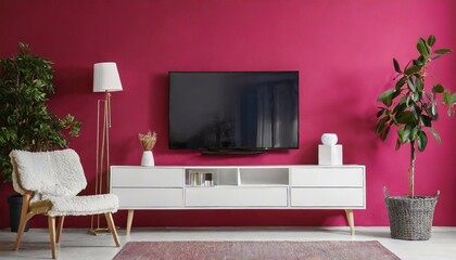 Elevating Entertainment: Stylish TV Cabinet Design for a Modern Living Room Against a Vibrant White and Magenta Backdrop"