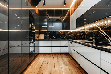 Modern Kitchen Interior: White and Black Cabinets, Wooden Floor, Dark Marble Wall Panels, Metallic Light Tube Lighting System