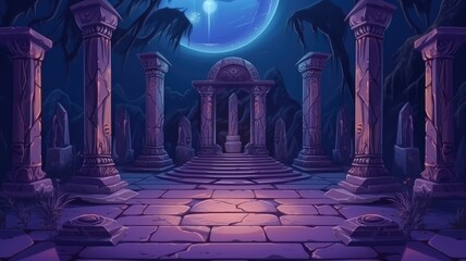 ancient ruin under a mystical moonlit night, with stone pillars and an archway evoking mystery and allure