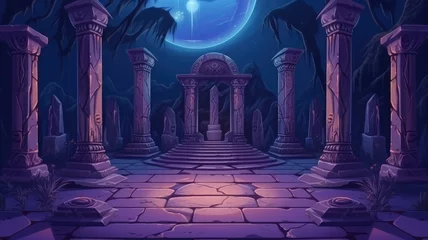 Deurstickers ancient ruin under a mystical moonlit night, with stone pillars and an archway evoking mystery and allure © chesleatsz