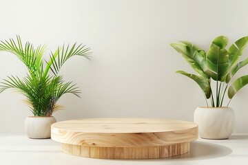 Beautiful round wooden empty podium  for product stage, mockup product display