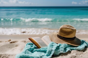 A tranquil beach scene with an open book, straw hat, and turquoise towel on the sand, facing the...