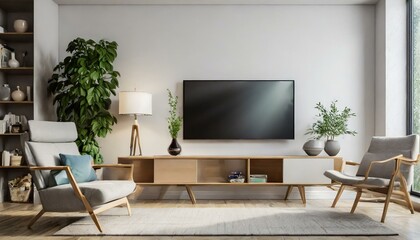 Sleek Entertainment Hub: Visualizing a Wall-Mounted TV and Cozy Armchair Ensemble in a Minimalist Living Room