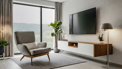 Fototapeta premium Sleek Entertainment Hub: Visualizing a Wall-Mounted TV and Cozy Armchair Ensemble in a Minimalist Living Room