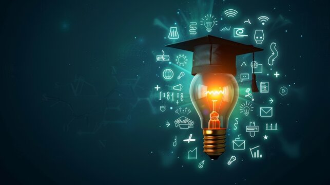 Education and Learning: A 3D vector illustration of a lightbulb with a graduation cap