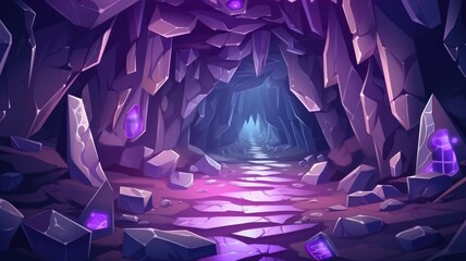 mystical cave aglow with radiant purple crystals, casting an enchanting light in the shadow - obrazy, fototapety, plakaty