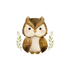 Vector cartoon watercolor of woodland animal with Owl sitting on leave and flower wreath for Baby Nursery Decor