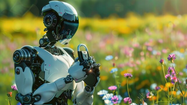 Cyber security images, A high-tech, futuristic, robot is holding a lock in both its hands, spring background, color flowers and blurred background