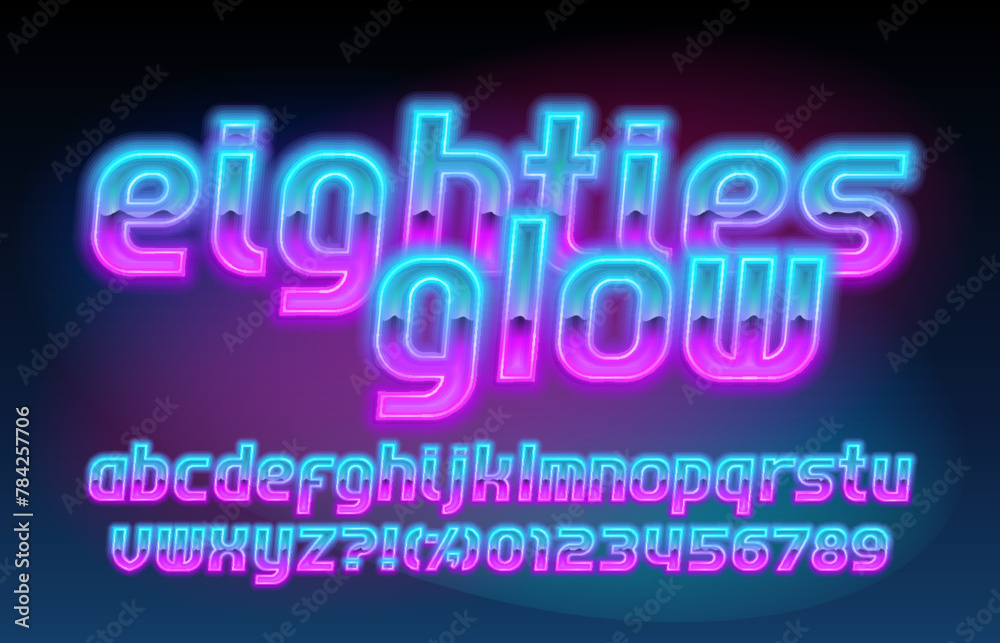 Fototapete eighties glow alphabet font. lowercase neon letters and numbers. stock vector typescript for your de
