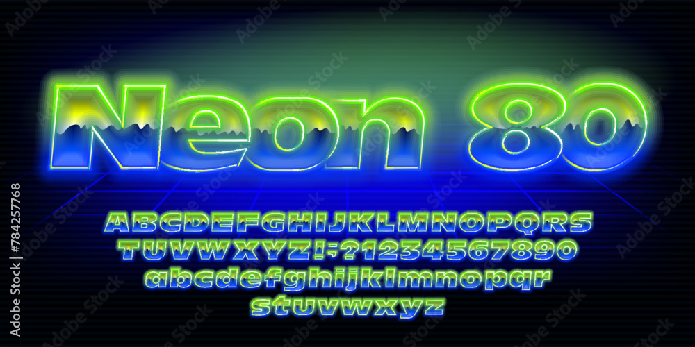 Fototapete neon 80 alphabet font. glowing neon letters and numbers. uppercase and lowercase. stock vector types