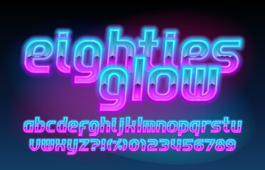 Eighties glow alphabet font. lowercase neon letters and numbers. Stock vector typescript for your design.