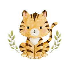 Vector cartoon watercolor of woodland animal with Tiger sitting in leave wreath for Baby Nursery Decor