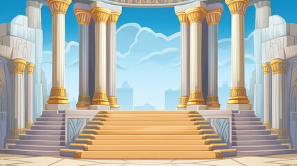 Fototapeta premium grand ancient Greek-style temple with towering columns and golden accents under a serene sky