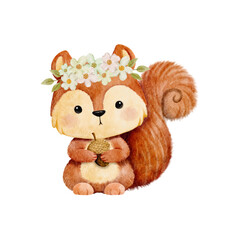 Vector cartoon watercolor of woodland animal with Squirrel wearing flower crown for Baby Nursery Decor - obrazy, fototapety, plakaty