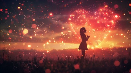 Amidst a dreamy atmosphere suffused with soft light, a girl's silhouette is illuminated as she gracefully gestures toward a heart-shaped formation.

