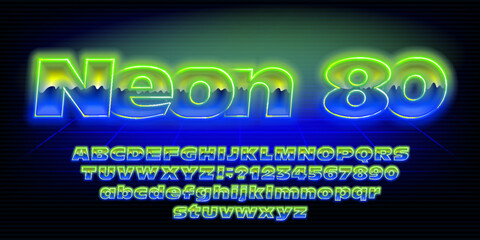 Neon 80 alphabet font. Glowing neon letters and numbers. Uppercase and lowercase. Stock vector typescript for your design.