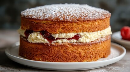 A white cake with a layer of cream and jam on top