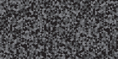 	
Abstract geometric black and gray background seamless mosaic and low polygon triangle texture wallpaper. Triangle shape retro wall grid pattern geometric ornament tile vector square element.