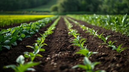 Young farm plant seedlings in rows during planting season.