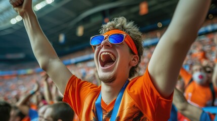 A joyful fan at a soccer event, happily shouting and gesturing with his arms in the air, showcasing his love for the game. AIG41 - obrazy, fototapety, plakaty