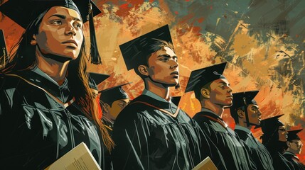 Obraz premium A group of graduates stand in a row, some holding papers