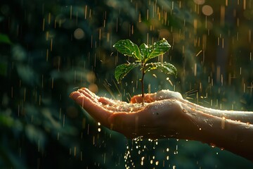 Raindrops are tiny fall over a fuzzy, dark backdrop of nature while an individuals holds a delicate green plant in their palm and space, Generative AI. - obrazy, fototapety, plakaty