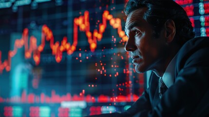 A man is looking at a computer screen with a lot of red numbers